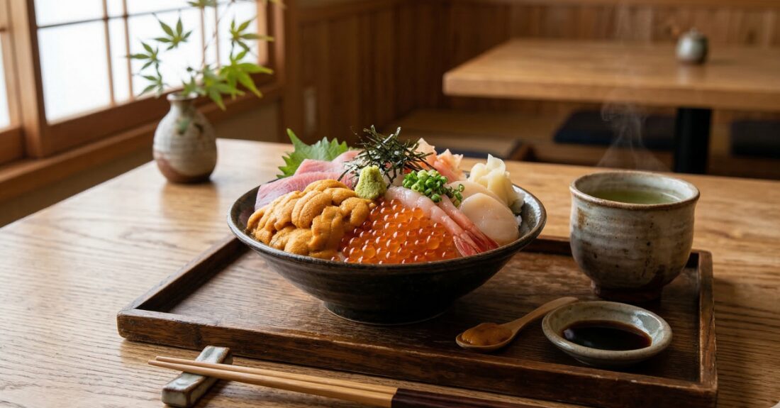 美しく盛られた海鮮丼や、職人が握る寿司のシズル感ある手元アップ