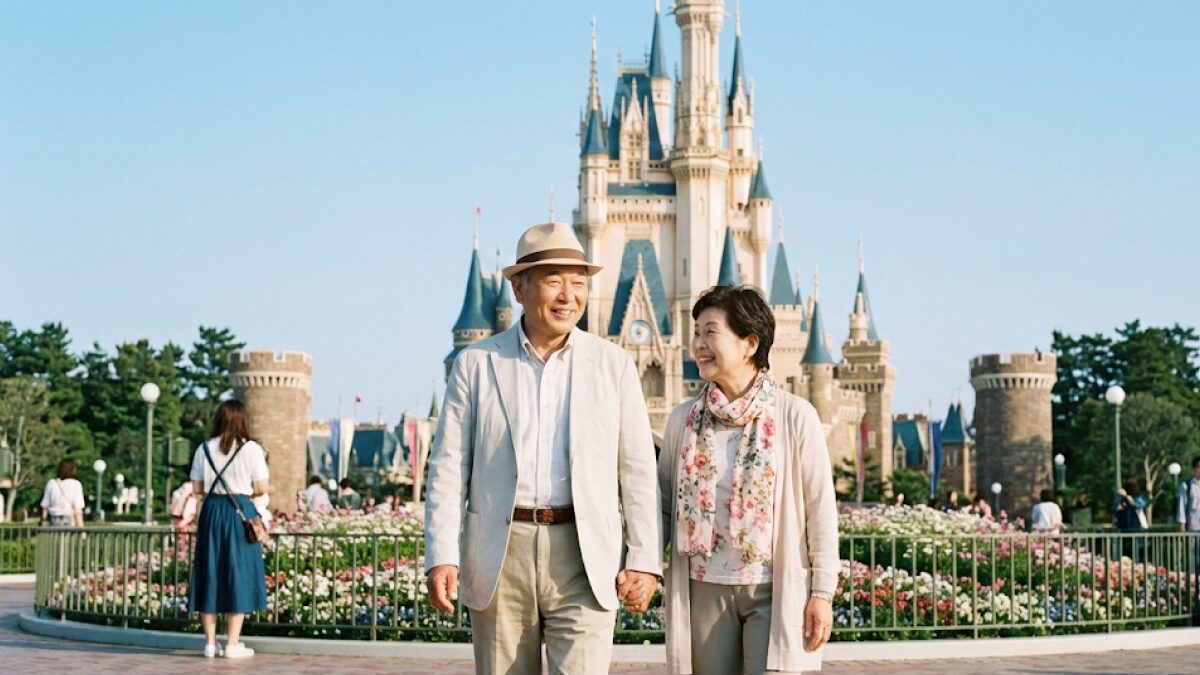 パークをゆったり散策するシニア世代のイメージ