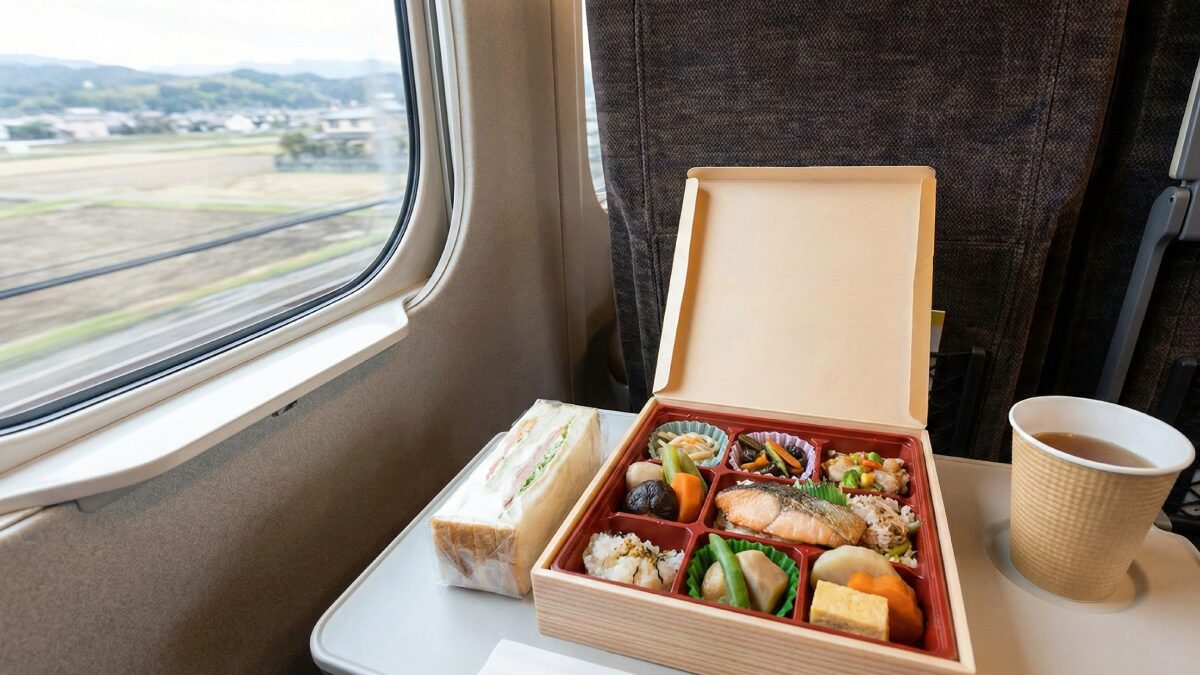 新幹線での食事イメージ（駅弁とサンドイッチ）