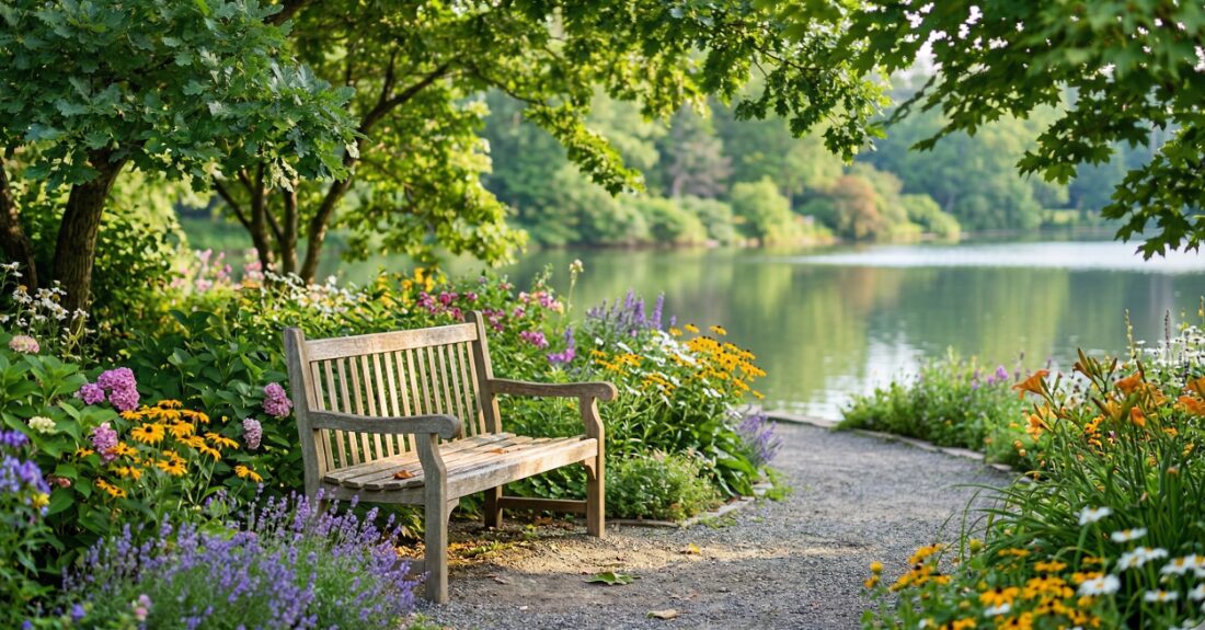 水辺の風を感じるセントラルパークのベンチ