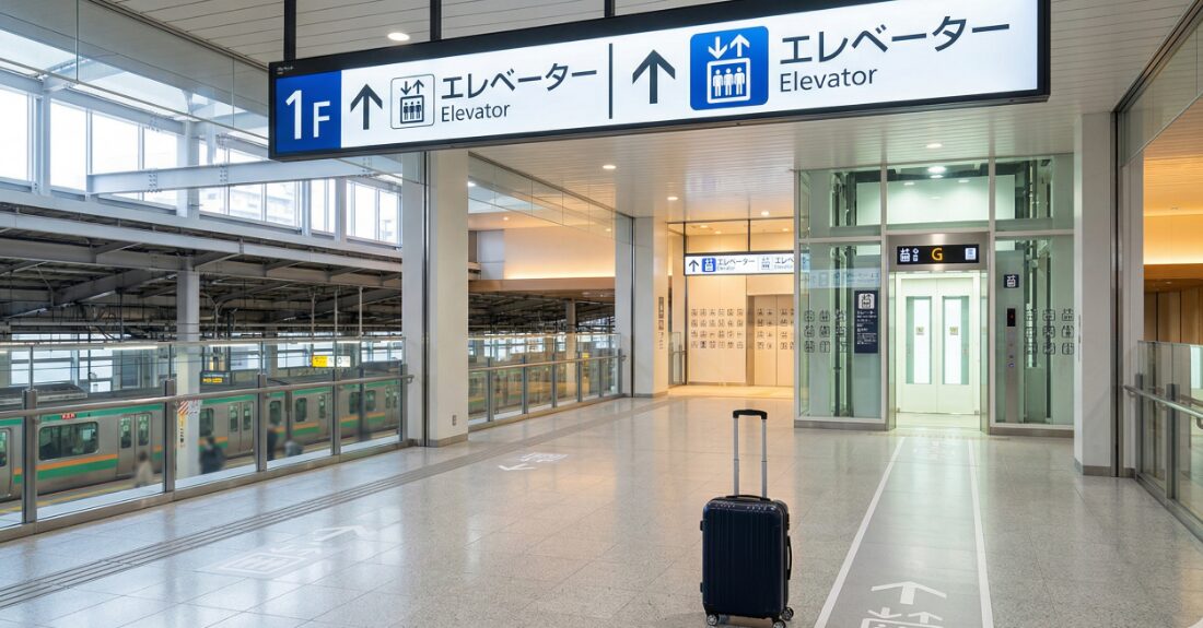 新大阪駅構内の案内表示とエレベーターへ向かうイメージ
