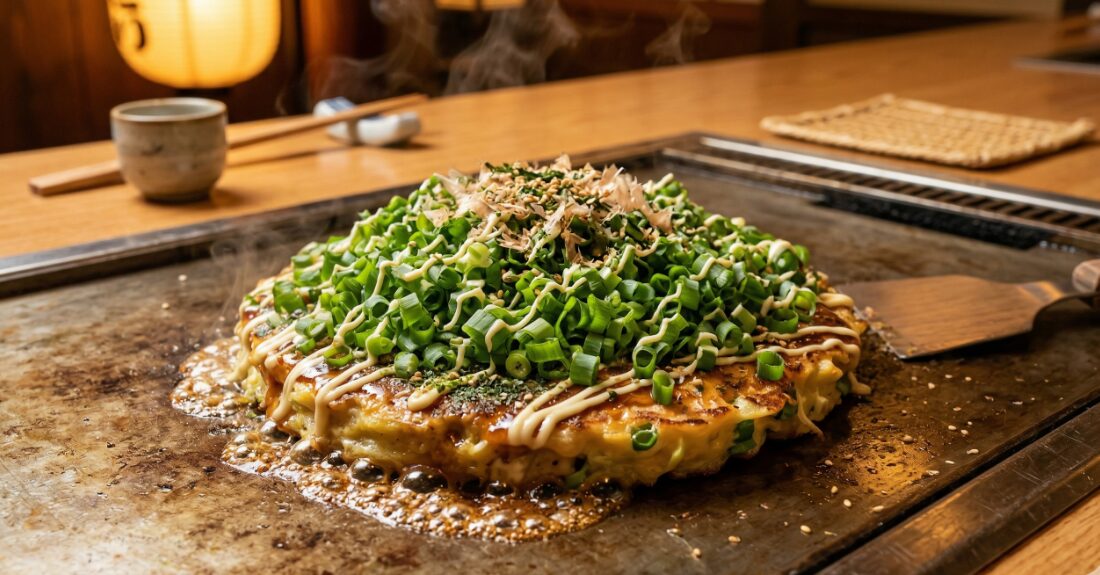 たっぷりの青ねぎが乗った鉄板焼き（ねぎおこ）のイメージ
