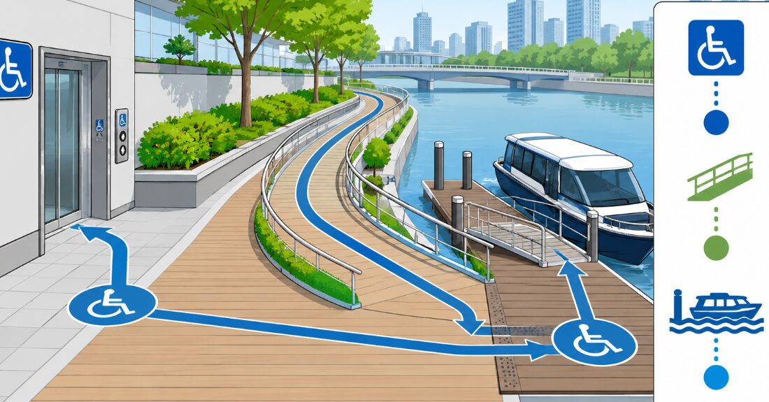 JR大阪駅→連絡橋→エレベーター→乗船場までのバリアフリー動線マップ（階段・段差ゼロルート）