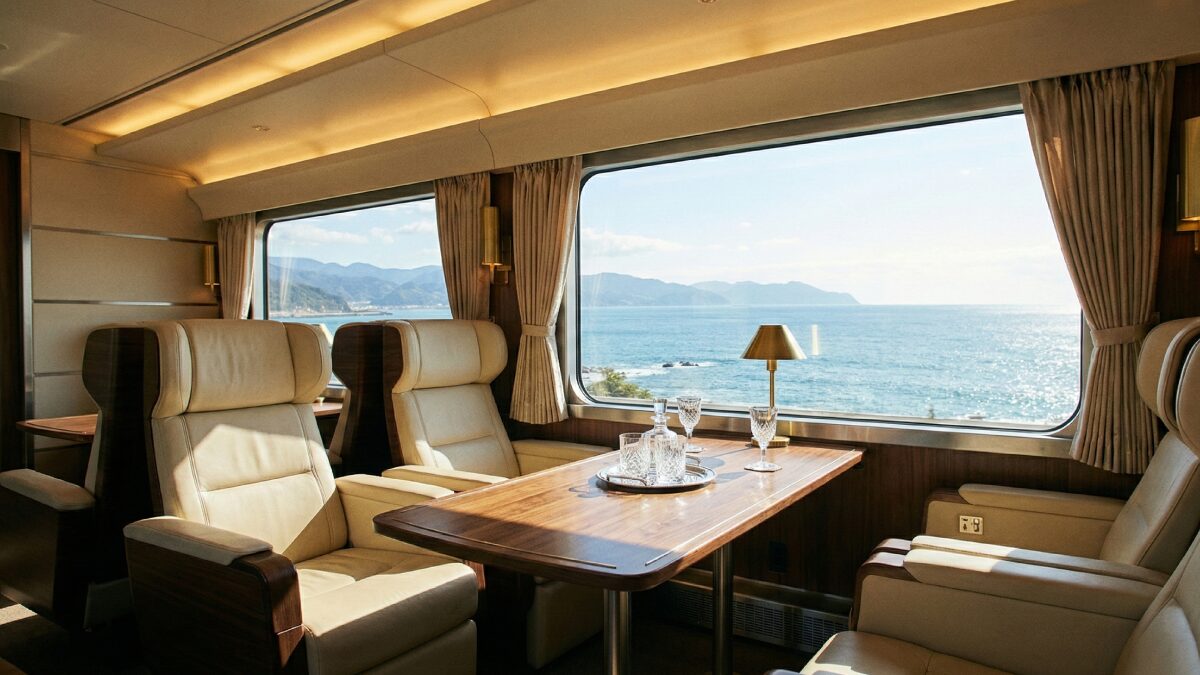 豪華な特急列車の個室と美しい車窓の風景