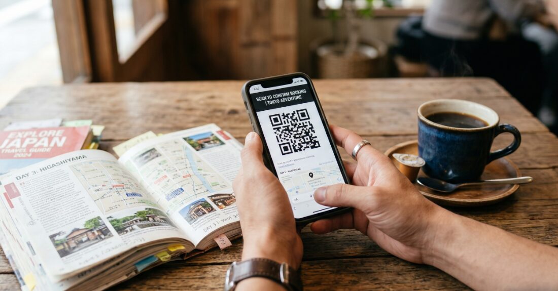 手元でスマートフォンを操作しながらガイドブックを開いている様子