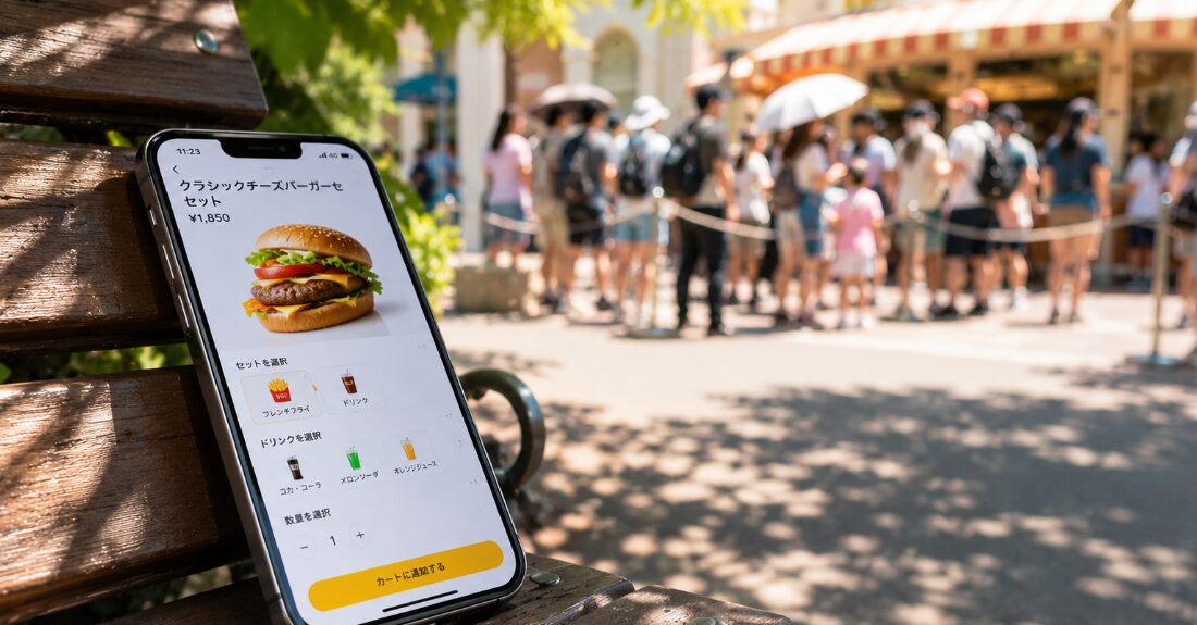 レストランの混雑を避け、木陰でスマホからモバイルオーダーを完了させるイメージ