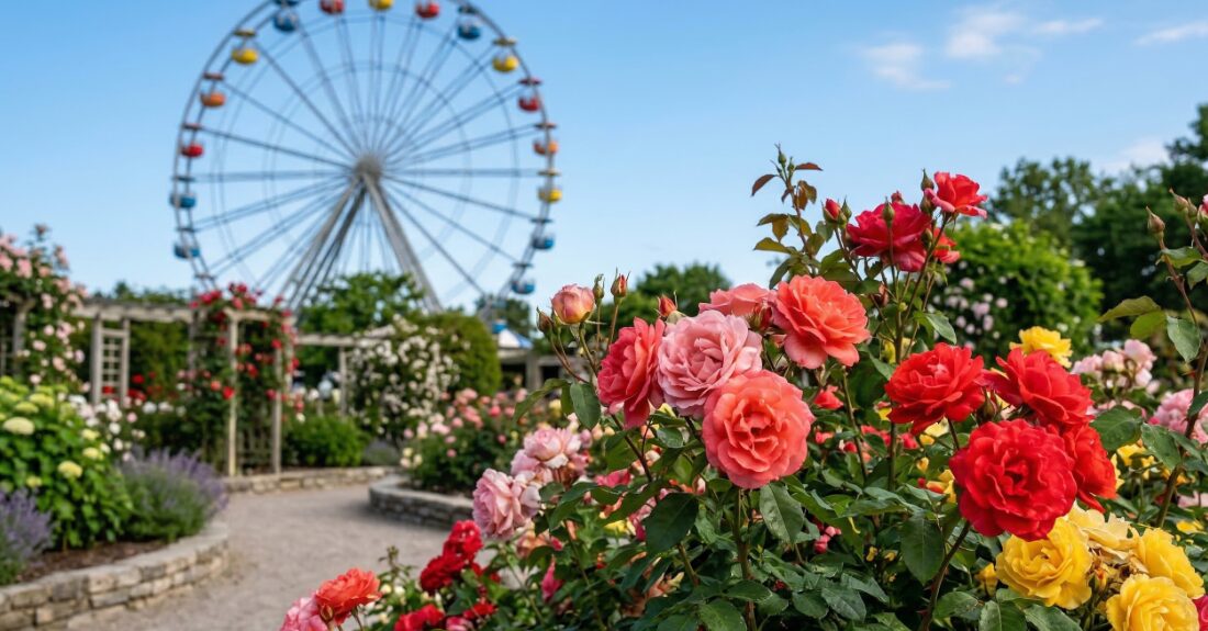 ひらかたパークのバラ園と観覧車の風景