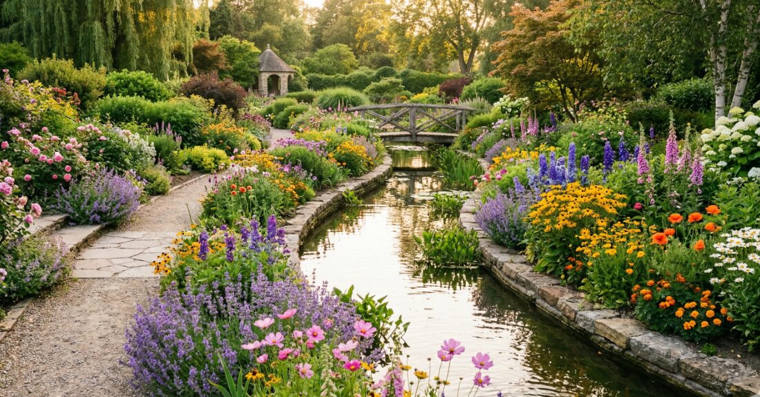 夕暮れ時の大観覧車とフラワーラグーンボートの風景