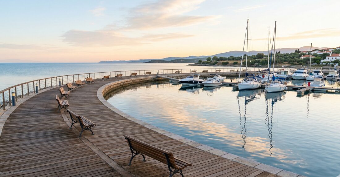 朝の静かなマリーナと海を眺める風景