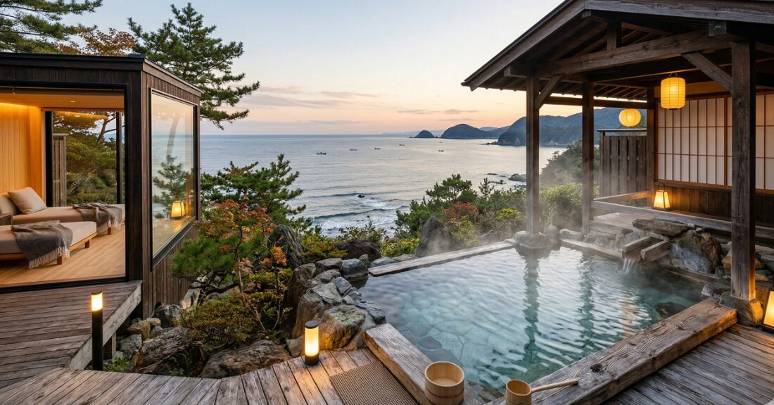 海が見える落ち着いた足湯や温泉のイメージ