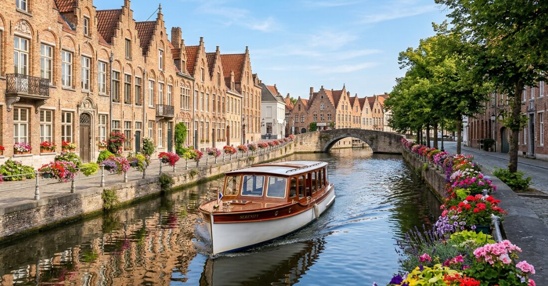 ハウステンボスの運河船から眺める美しいヨーロッパの街並み