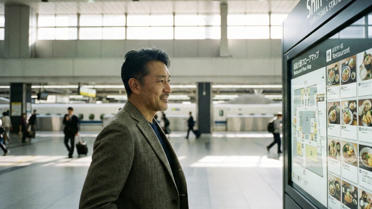新大阪駅構内の案内板と広いコンコースのイメージ
