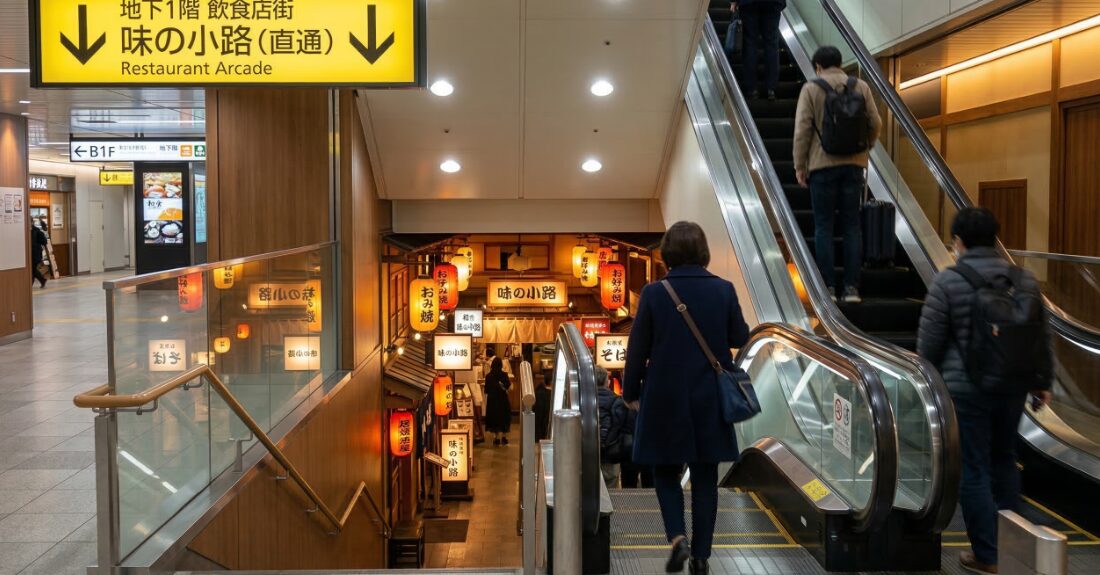 新大阪駅の改札からエスカレーターへ向かう安心感のある視点