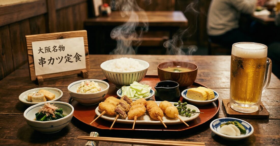 美味しそうな大阪名物の和食セットと湯気が立つ様子