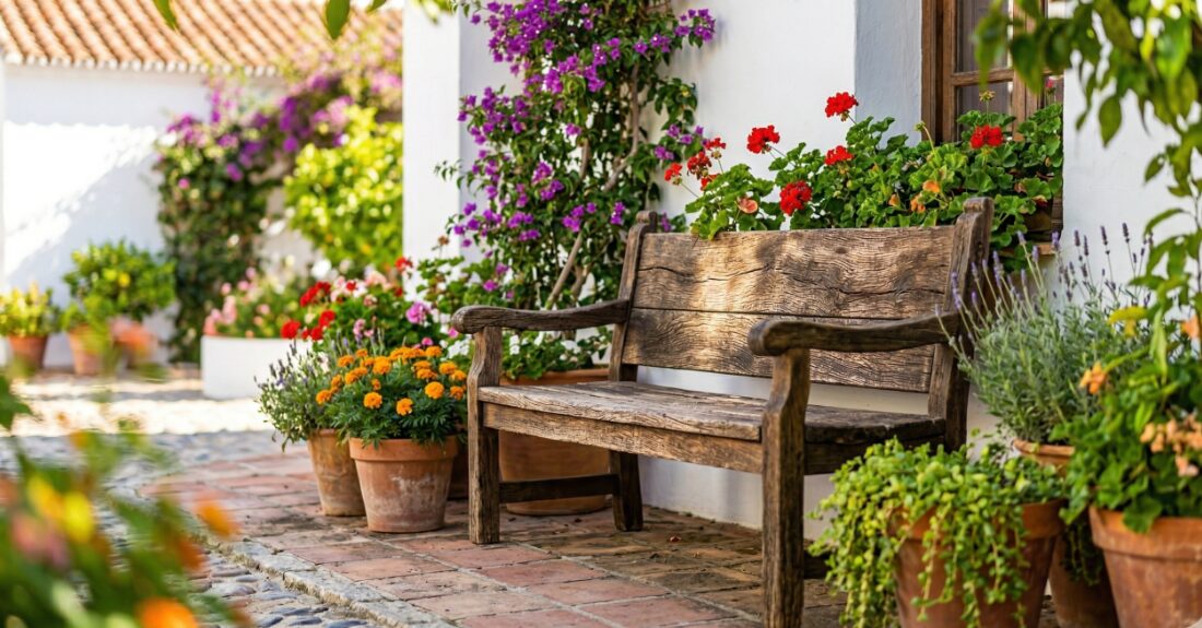 志摩スペイン村の美しい街並みとベンチの風景