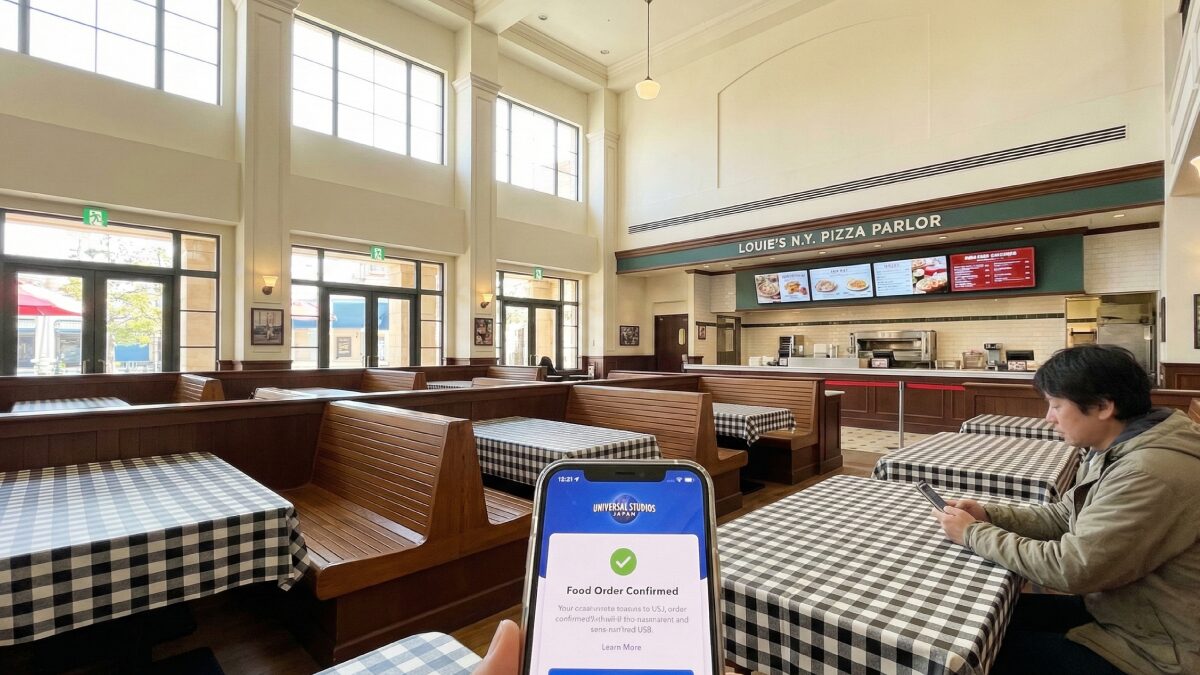 ルイズ N.Y. ピザパーラーの広々とした店内。テラス席も屋根付きで安心。