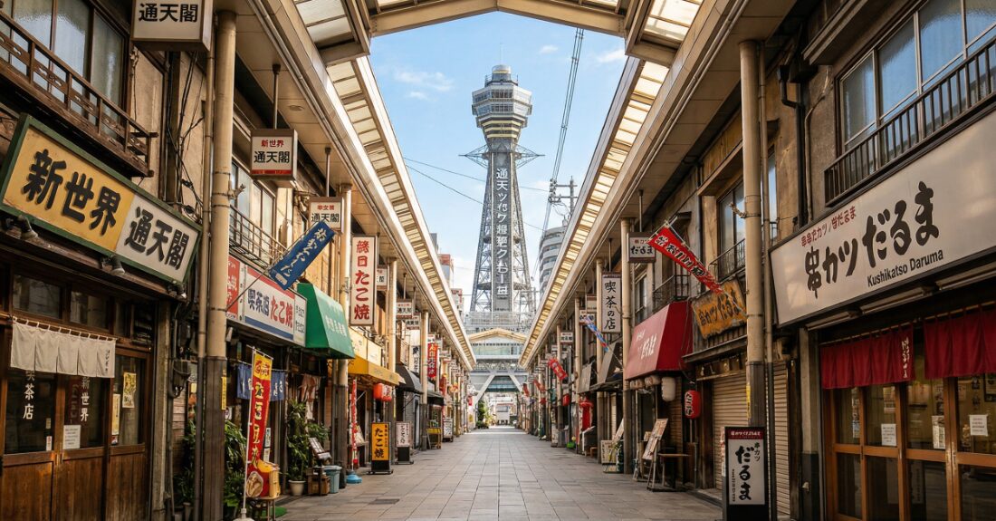 恵美須町駅からのフラットな道と、遠くに見える通天閣の風景
