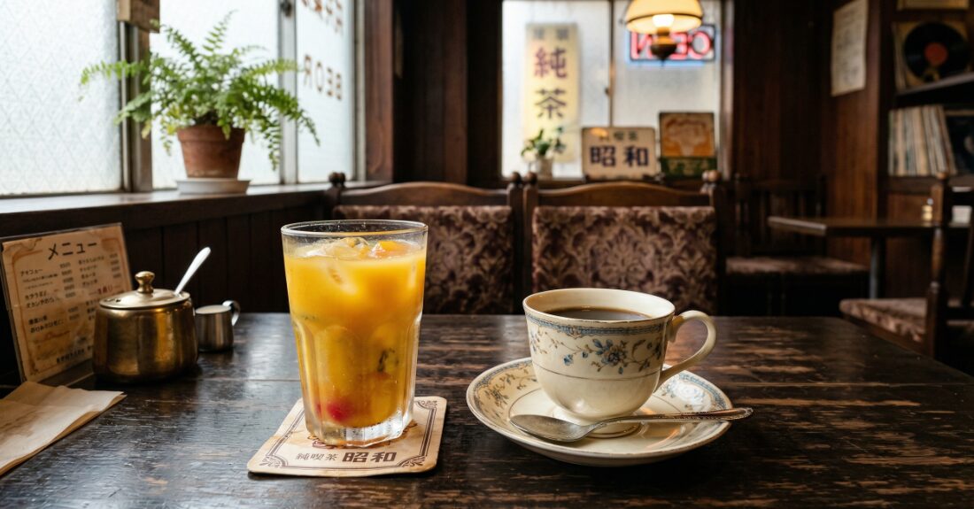 レトロな喫茶店のテーブルに置かれた冷たいミックスジュースと珈琲