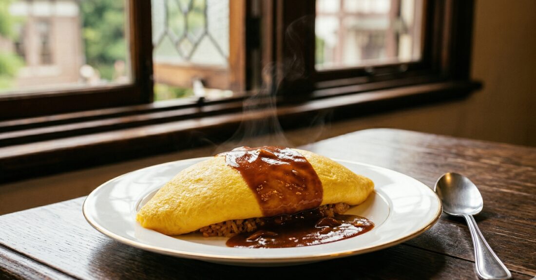 静かな店内で味わう美味しそうなオムライス、またはレトロなコロッケのイメージ