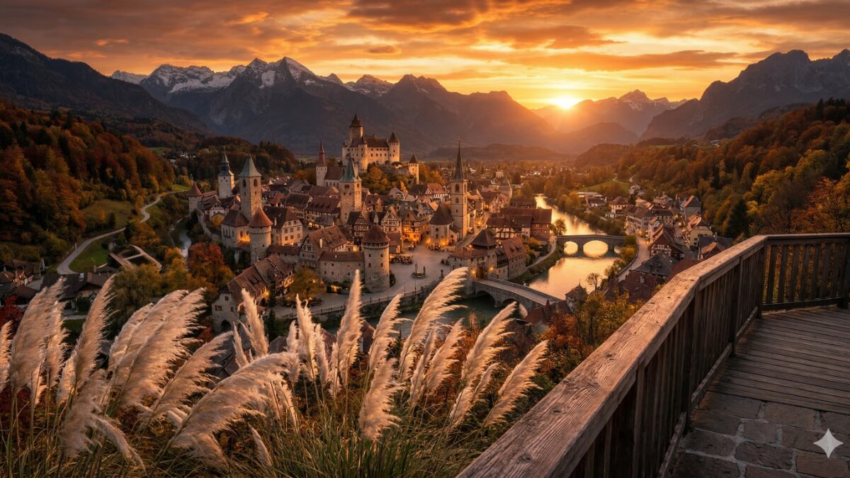 展望台の柵越しに夕暮れの風景を眺めるような、静かな景観のイメージ