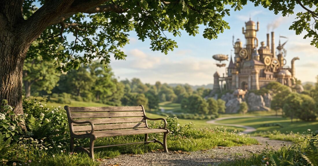 ジブリパークの歩き疲れない木陰のベンチ風景