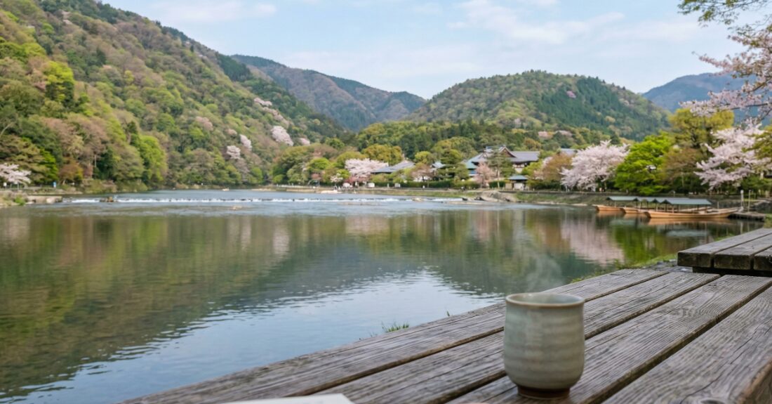 中之島公園のベンチから眺める桂川と春の景色