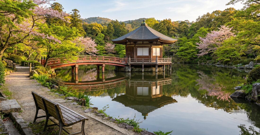 水鏡に映る春の絶景が広がる浮見堂