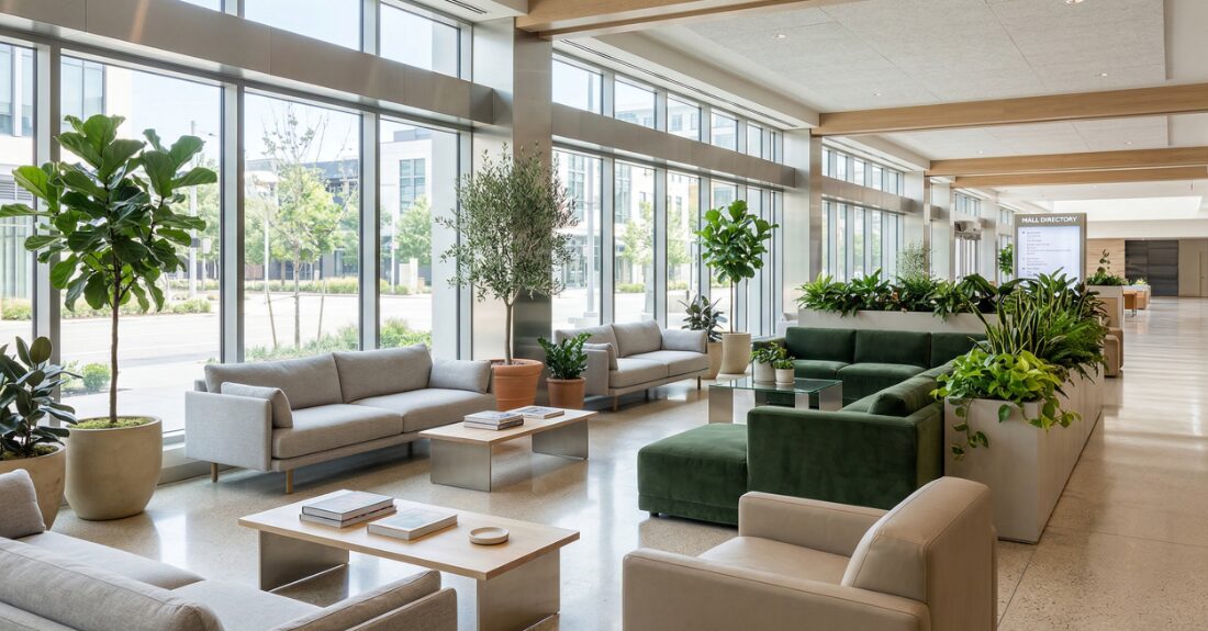 ゆったり腰を下ろせる清潔な屋内ベンチや、日差しの入る休憩スペースのイメージ