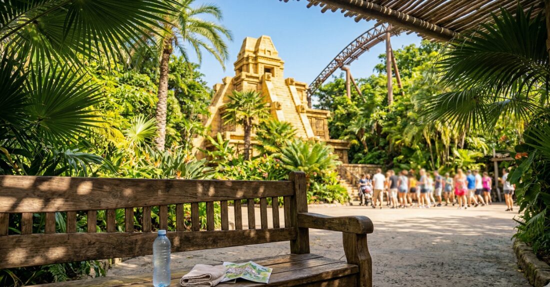 木陰のベンチで孫と休憩するシニアの様子