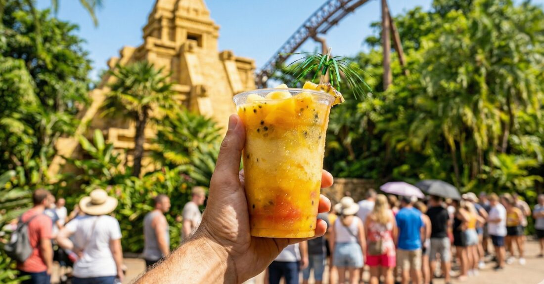 冷たいトロピカルドリンクと汗をかくグラスのアップ