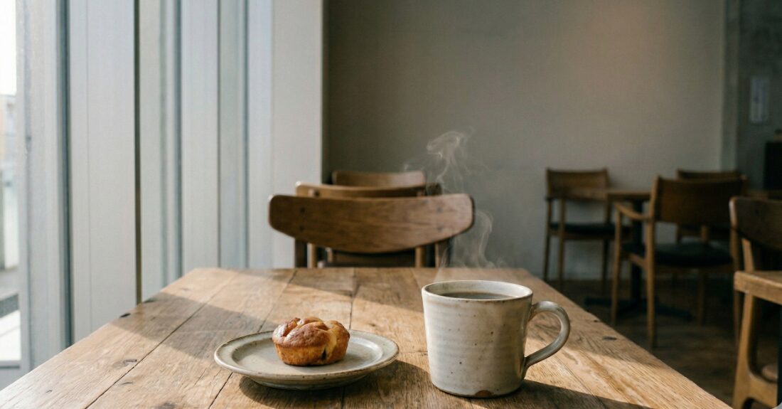 朝の静かな京都駅構内とカフェの様子