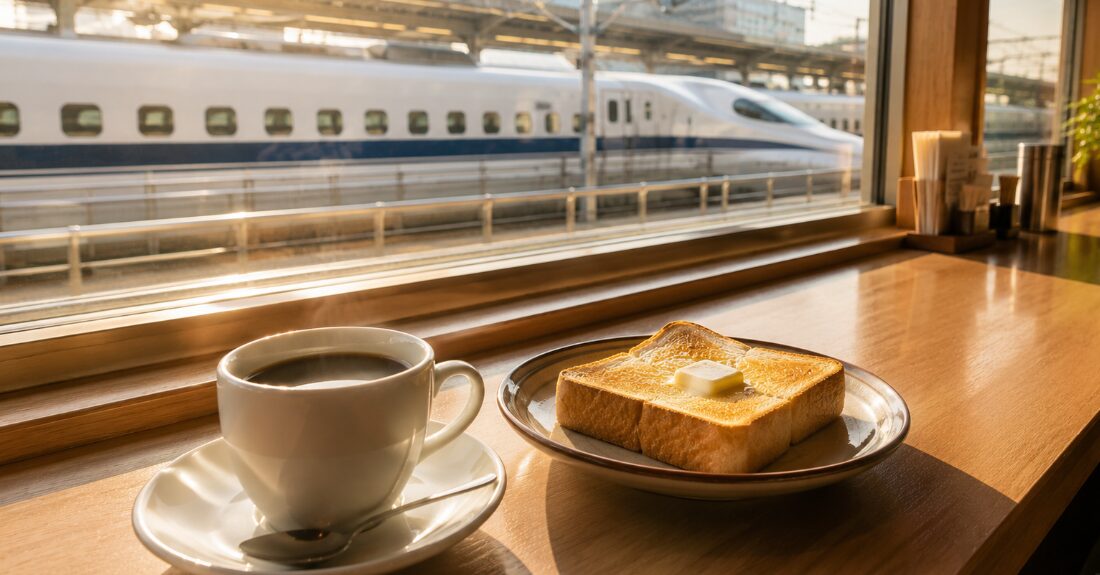 新幹線改札内の落ち着いたカフェスペースのイメージ