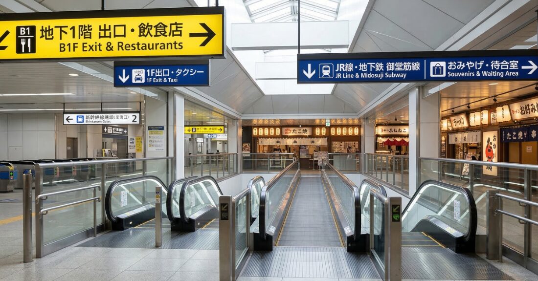 新幹線の改札からエスカレーターへ向かう視点。左前方に黄色い「1F出口」のサインが見える