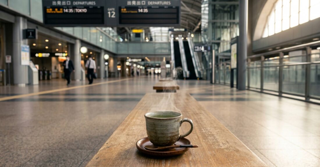 静かな駅ナカのベンチや温かいお茶のイメージ