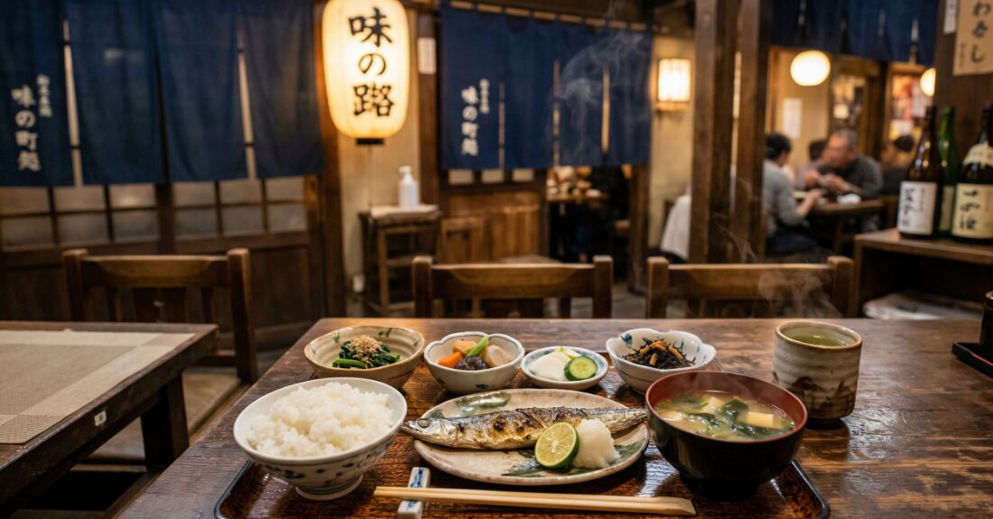 落ち着いた和風のテーブル席や、湯気の立つ定食のイメージ