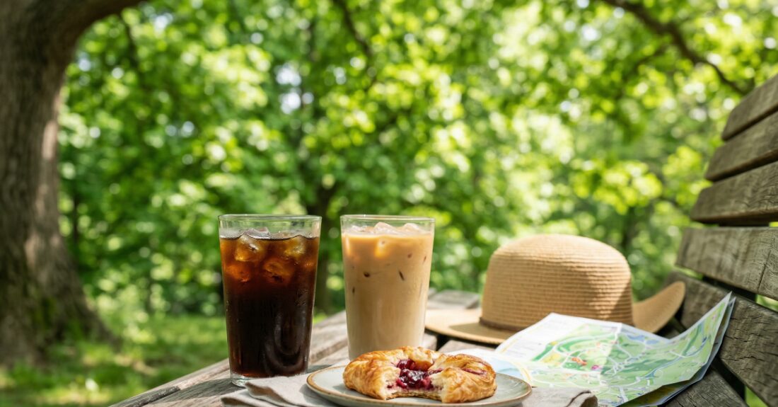 木陰のベンチで冷たいドリンクとパンでゆっくり休憩するイメージ