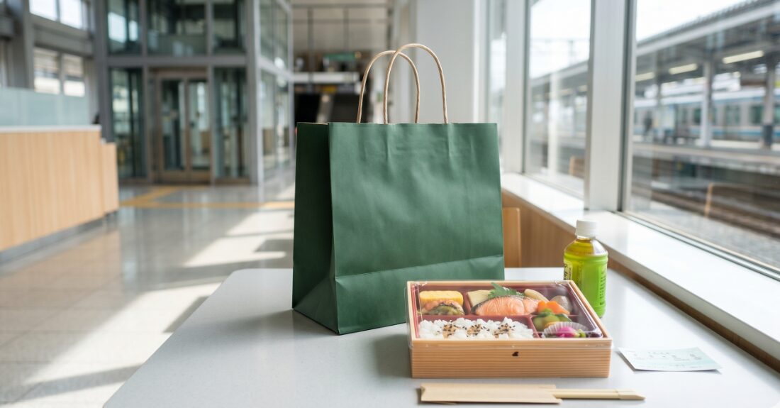 新大阪駅の改札内で、美味しそうなテイクアウトのパンや駅弁をサッと買っている様子