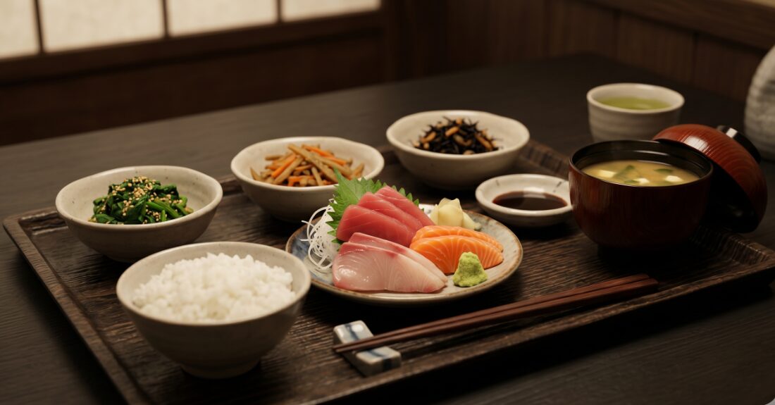 新大阪駅1階の落ち着いた和食店で、新鮮なお刺身やおばんざいを前にホッと一息つく大人の目線