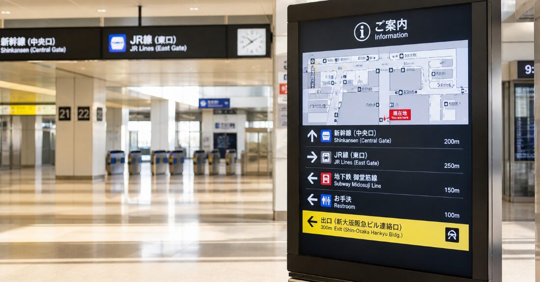 混雑する新大阪駅のコンコースと案内板の様子