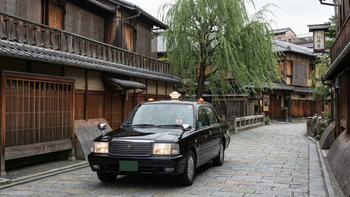 京都の情緒ある町並みを走るタクシー