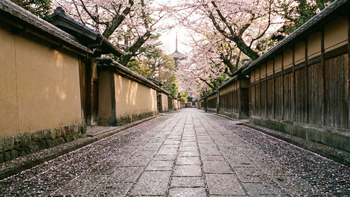 春の京都・東山、ねねの道の美しい石畳の風景