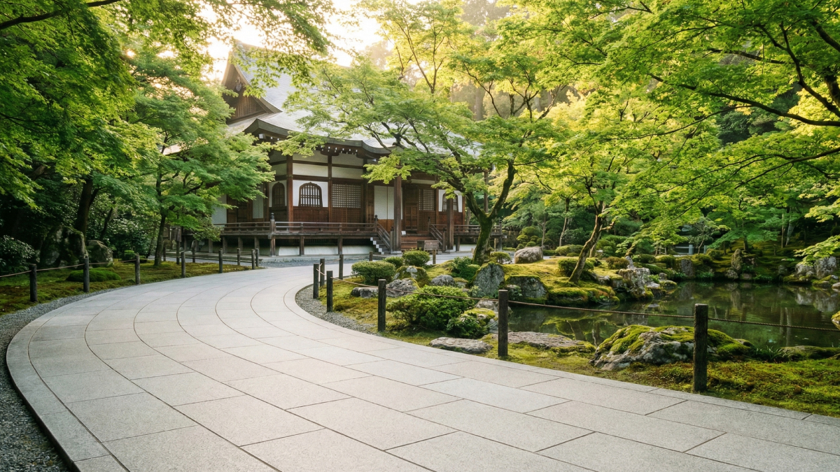 歩きやすい舗装路が続く京都の美しい寺院