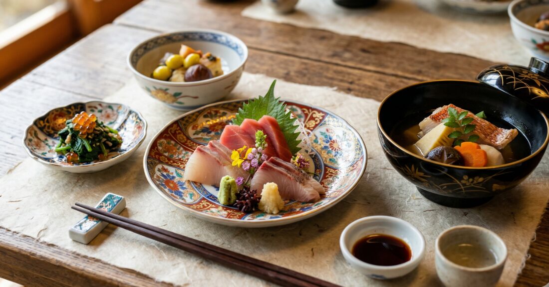 色鮮やかな九谷焼に盛られた美しい会席料理のイメージ