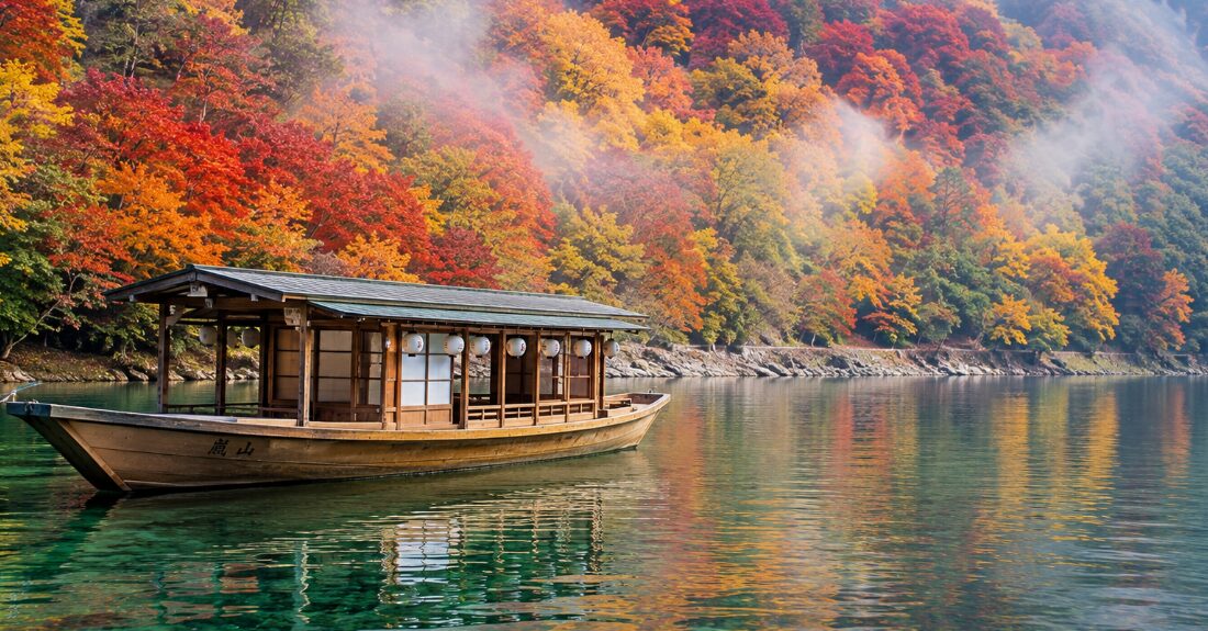 嵐山・大堰川の川面に浮かぶ優雅な屋形船と紅葉の山々