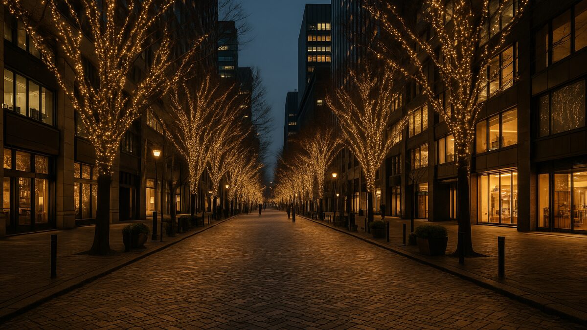 夕暮れ時の丸の内仲通り、イルミネーションが点灯し始めた静かな石畳の通り