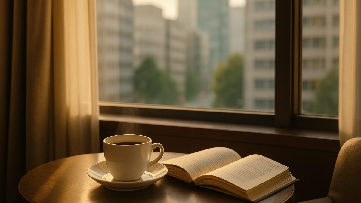 ホテルの客室の窓際、朝の光が差し込むテーブルに置かれたコーヒーカップと読みかけの本