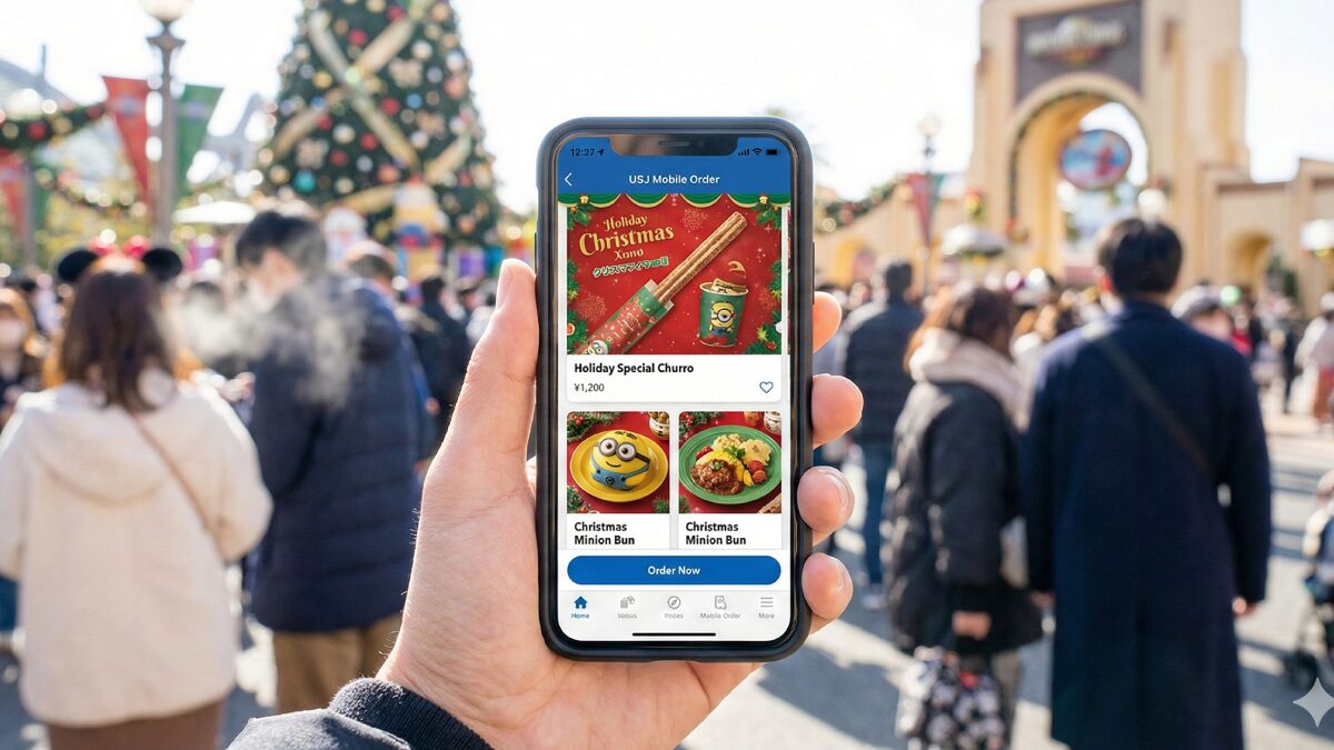 スマホでUSJ公式アプリのモバイルオーダー画面を操作している手元のイメージ