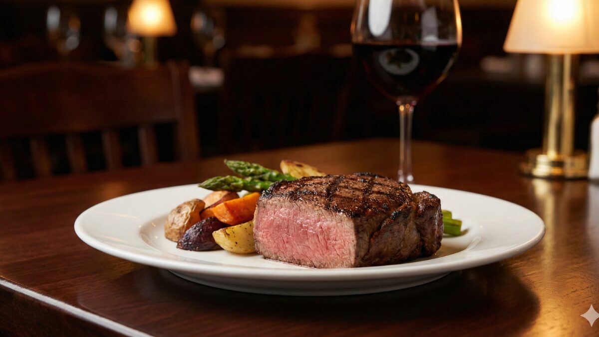 パークサイド・グリルの熟成肉ステーキと赤ワインのセット。落ち着いた店内の雰囲気