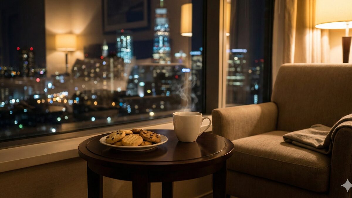 ホテルの部屋のテーブルに置かれたコーヒーと、USJのお土産のお菓子缶が開けられているリラックスした様子