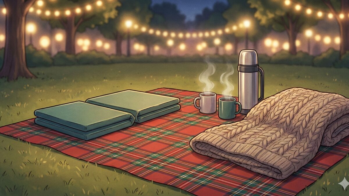 ショー待ちのためにレジャーシートを広げている人々。防寒対策をして待機している様子